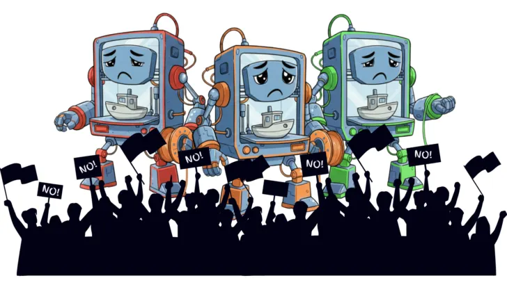 cartoon of 3d printing robots being protested by a crowd
